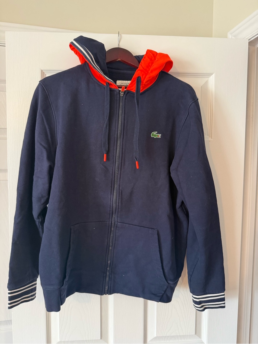 Lacoste Navy Hoodie with Red Lining & Accents